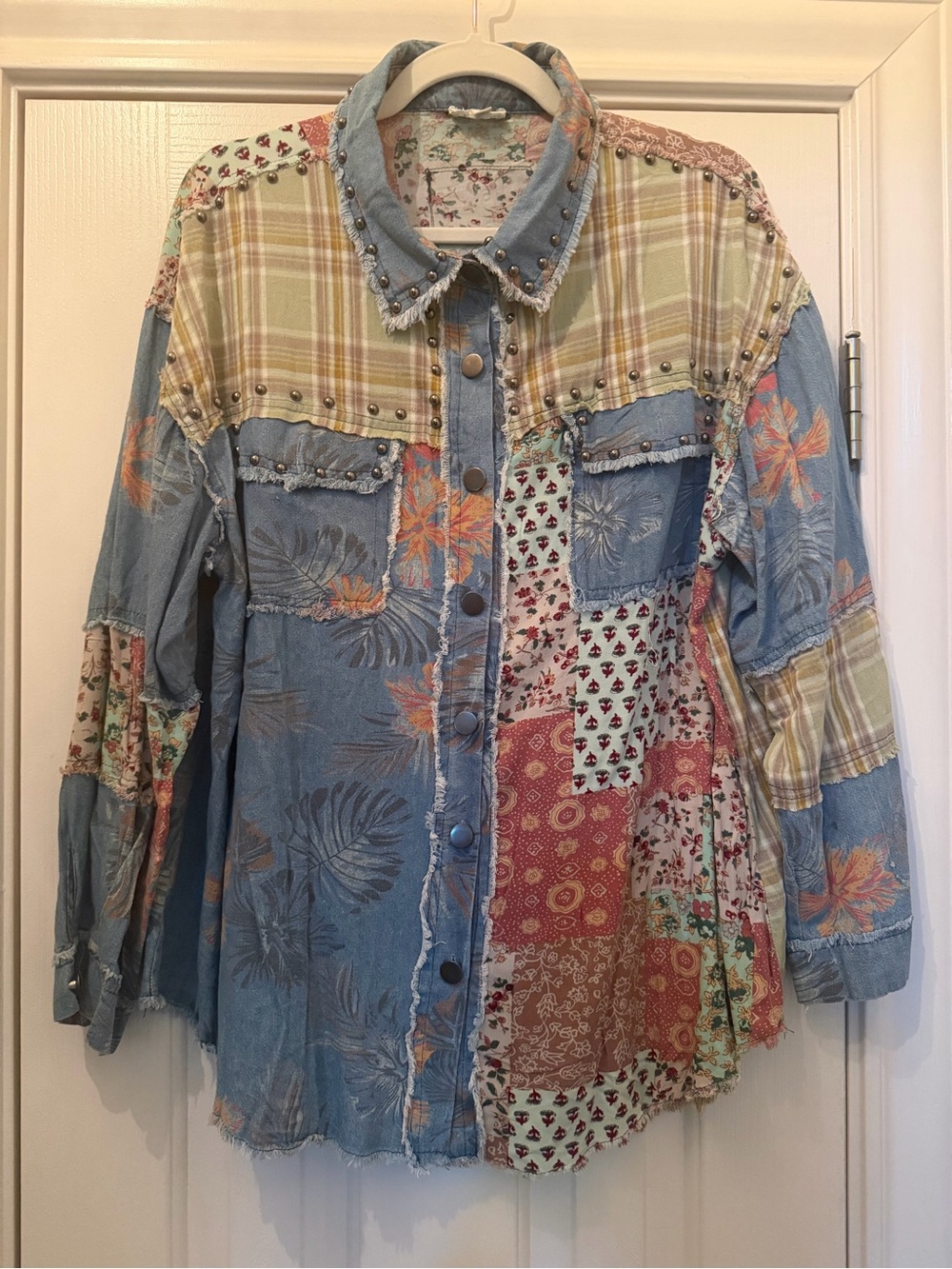 POL Patchwork Light Blue Denim Jacket with Floral & Plaid Accents - Picture 13 of 14